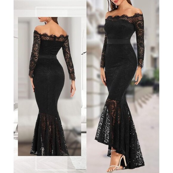 Women's Black Floral Lace Long Sleeve Off Shoulder Wedding Mermaid Dress - Picture 4 of 6